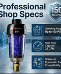 Image of desiccant air dryer system for pneumatic tools and HVLP spray guns, 150 PSI, 22 CFM, 1/4 inch quick-connect with specs.