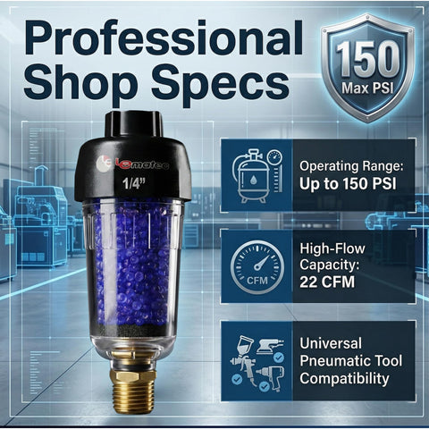 Image of desiccant air dryer system for pneumatic tools and HVLP spray guns, 150 PSI, 22 CFM, 1/4 inch quick-connect with specs.