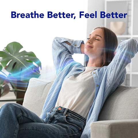 Woman relaxing indoors, possibly using Personal Steam Inhaler For Targeted Allergy And Cold Congestion Relief, enjoying relief on couch.