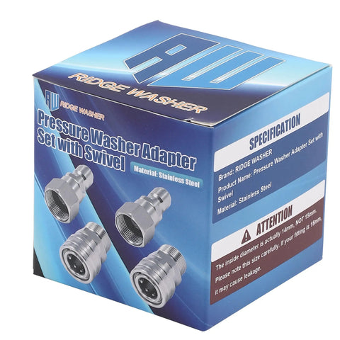 Product packaging of Stainless Steel Pressure Washer Swivel Adapter 360 Degree Quick Connect From M22 14mm To Three Eighth Inch For High Pressure Hoses Up To 5000 PSI Anti Tangle Design Heavy Duty Quick Disconnect Pack Of Four