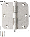 Top Shelf Residential Brushed Nickel Door Hinges Three Point Five Inches With Rounded Corners Six Screw Holes For Closets Cabinets And Inside Doors Smooth Operation And No Sweat Installation close-up with measurements.
