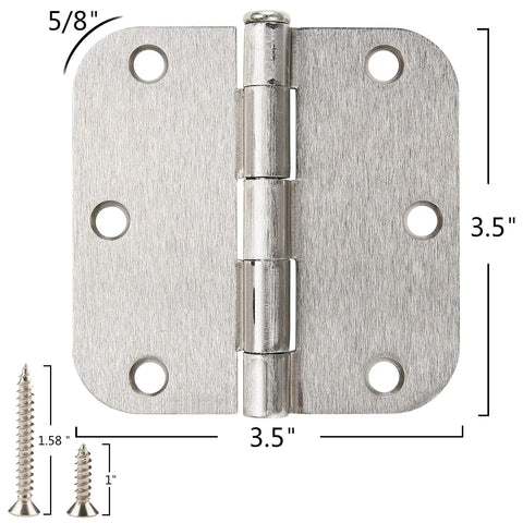 Top Shelf Residential Brushed Nickel Door Hinges Three Point Five Inches With Rounded Corners Six Screw Holes For Closets Cabinets And Inside Doors Smooth Operation And No Sweat Installation close-up with measurements.