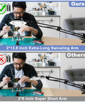 Comparison of 15X Lighted Magnifying Glass With Clamp Desk Lamp, showing extra-long swiveling arm vs. short arm version