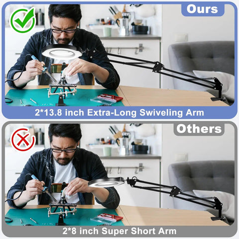 Comparison of 15X Lighted Magnifying Glass With Clamp Desk Lamp, showing extra-long swiveling arm vs. short arm version