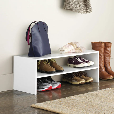 Stackable 28 Inch Extra Wide Two Shelf Wooden Shoe Organizer Rack For Closets And Hallways That Fits Up To Nine Pairs White Finish