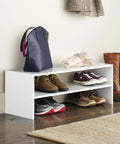 Extra Wide 31 Inch 2 Shelf Storage Organizer Shoe Rack Stackable for Closet White Finish Holds Up To Nine Pairs of Shoes