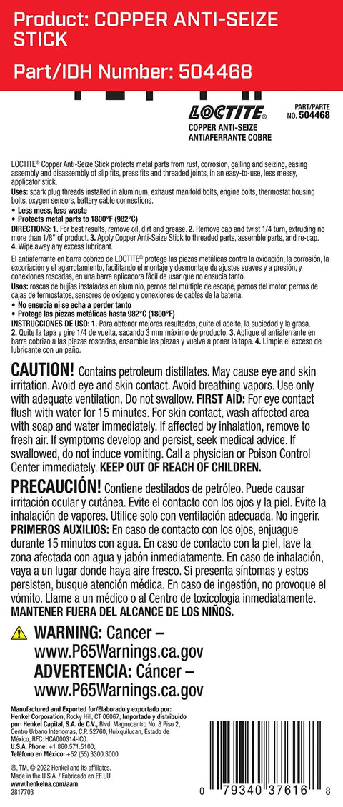 Back view of Loctite Copper Anti-Seize Stick label; part 504468, multilingual safety warnings.