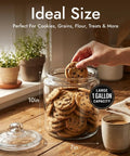 One Gallon Glass Cookie Jar With Airtight Lid for cookies open on wooden kitchen counter with a hand reaching in