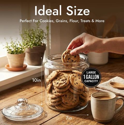 One Gallon Glass Cookie Jar With Airtight Lid for cookies open on wooden kitchen counter with a hand reaching in