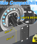 Heavy Duty Trailer Spare Tire Mount Bracket Carrier for Boat and RV Built Tough Fits Most 4 5 6 Lug Wheels On Four To Five And A Half Inch Bolt Patterns Holds Up To One Hundred Sixty Pounds Steel T Shaped Reinforcing Rib Construction Easy Install showcasing bracket compatibility with 4-6 inch dimensions