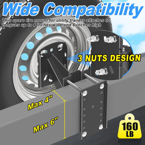 Heavy Duty Trailer Spare Tire Mount Bracket Carrier for Boat and RV Built Tough Fits Most 4 5 6 Lug Wheels On Four To Five And A Half Inch Bolt Patterns Holds Up To One Hundred Sixty Pounds Steel T Shaped Reinforcing Rib Construction Easy Install showcasing bracket compatibility with 4-6 inch dimensions