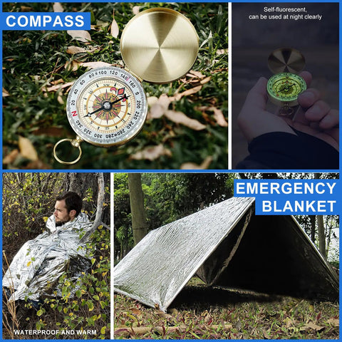Image of compass and emergency blanket from 30 In 1 Survival Kit For Adventurers Gear Up Emergency Outdoor Essentials Camping Fishing Hunting Hiking Travel Ready For Any Trip Gift Idea For Men And Women Cool Outdoor Gadgets All In One Survival Set.