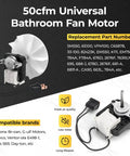 Image of Sm550 Bathroom Vent Fan Motor Kit For Nutone And Broan Exhaust Fans 50 CFM 120V 3000 RPM Replacement Easy Install DIY Friendly Upgrade With C01575 65100 EM550 EM750, showing universal motor with blade and compatible brands list.