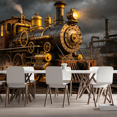 Custom Size Wall Murals Vintage Steam Locomotive Industrial Oil Painting Retro Train Engine Factory Scene Self Adhesive