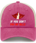 Front view of Pink Dont Pay My Bills Trucker Hat For Women And Unisex Style with adjustable strap in washed cotton.
