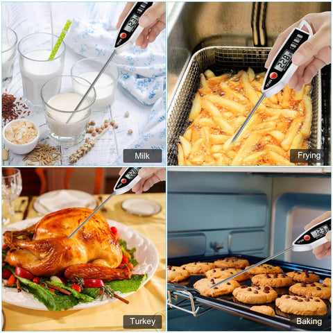 Meat Thermometer Digital Instant Read Thermometer For BBQ Grill Oil Milk Candy Bath Water Deep Fry Candle Temperature Kitchen Cookin Tool with 5-inch probe in use for milk, frying, turkey, and baking.