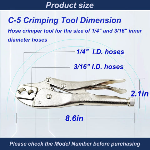 58-piece hose repair kit with silver crimping tool, front view for 1/4" and 3/16" I.D. hoses