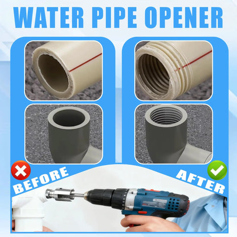 Before and after images showing use of 2-In-1 PVC Pipe Threader Kit With Internal And External Dies For One-Half And Three-Quarter Inch Pipes.