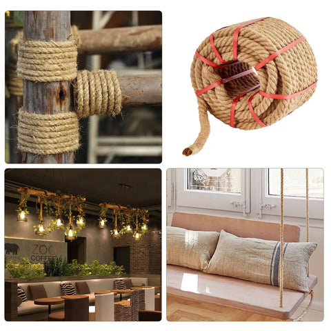 Heavy Duty Jute Rope 1 Inch By 100 Feet Twisted Natural Rope For DIY Home Decor, Crafts, Swing Railing And Climbing Projects, Manila Style Four Strand Braided Strength, Multipurpose And Durable wrapped around pole, coiled roll, and various uses in decor and swings.