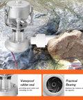 Portable 500W Hydro Turbine Generator For Home Use Off Grid Ready Eco Friendly Micro Hydroelectric Power System with rugged aluminum housing and 220V output next to a large rock.