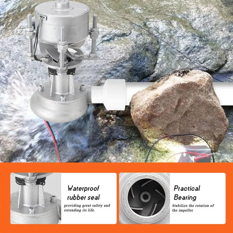 Portable 500W Hydro Turbine Generator For Home Use Off Grid Ready Eco Friendly Micro Hydroelectric Power System with rugged aluminum housing and 220V output next to a large rock.