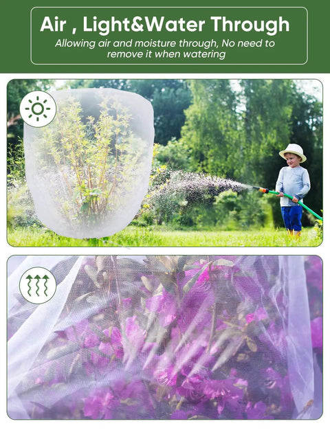 Image of a garden showcasing 4 Pack Garden Netting Pest Barrier With Drawstring Keeps Tomatoes, Blueberries, Vegetables, And Fruits Safe From Birds And Bugs For Greenhouse, Garden, Or Patio Use, Mosquito Netting Cover For Cicadas And Pests, over plants and trees.