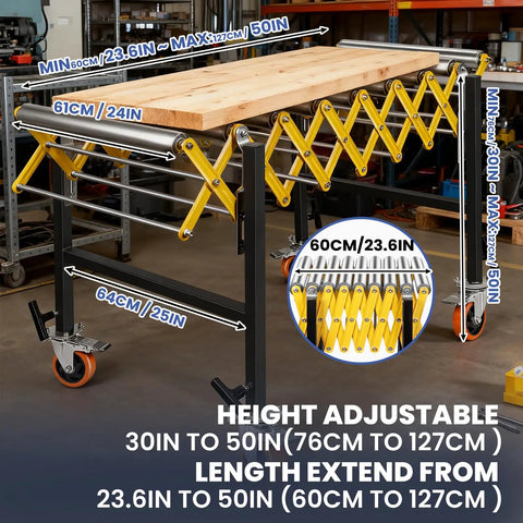 Heavy Duty Expandable Conveyor Roller With 1250 Lbs Hauling Capacity And Smooth Glide Skate Wheels Built For Fast Warehouse Workflows And Zero Sweat Tool Transport with adjustable height and extension features.