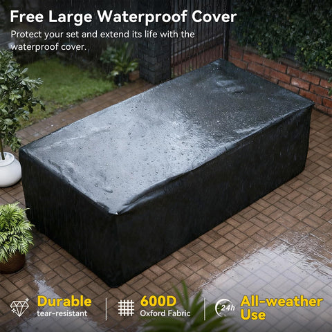 All Weather Wicker Outdoor Furniture Set, 7 Piece Sectional Sofas With Waterproof Cover in rain on patio