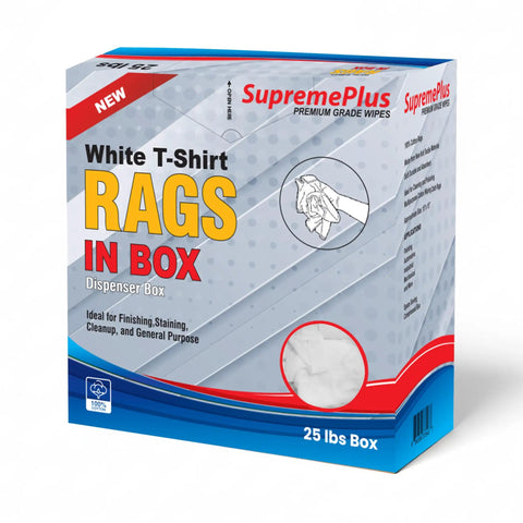 Premium White T Shirt Cleaning Rags For Cleaning Staining Painting And More In A 2x25 Lb Compressed Box White Cotton Cloths For Spills Dust Oil Grease And Wood Finish Polishing Eco Friendly Reusable packaging with dispenser.