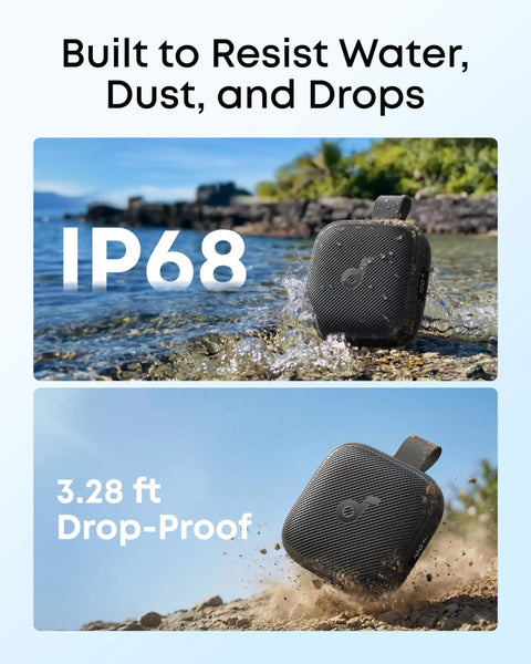 Boom Go 3i Palm Sized Portable Bluetooth Speaker With 15W Punchy Sound, IP68 waterproof, showing water and drop-proof durability.