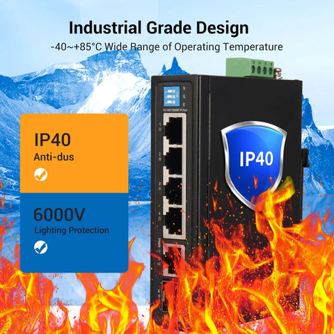 Rugged 4 Port Gigabit Industrial Ethernet Switch With 1 SFP Uplink And 1 RJ45 Port Din Rail And Wall Mountable with IP40 rating.