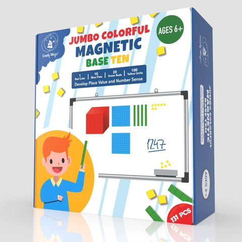 Magnetic Base Ten Blocks For Math, Jumbo 131 Piece Set With Place Value Blocks box showing contents and usage illustration.