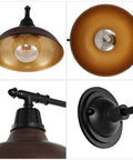Industrial Farmhouse Outdoor Sconce With Wood Finish And Copper Bowl Shade showing details of light fixture angles and materials