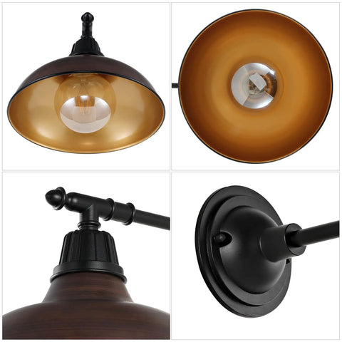 Industrial Farmhouse Outdoor Sconce With Wood Finish And Copper Bowl Shade showing details of light fixture angles and materials