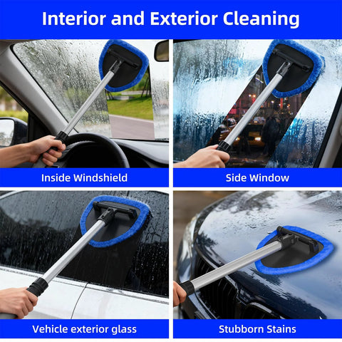 desin windshield cleaning tool with extendable aluminum handle and blue microfiber pad for interior/exterior car glass