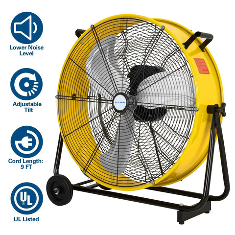 Heavy Duty 24 Inch Industrial Drum Fan With Brushless DC Motor, Ultra Quiet Powerful Airflow Up To 7800 CFM, yellow tilt-adjustable vent