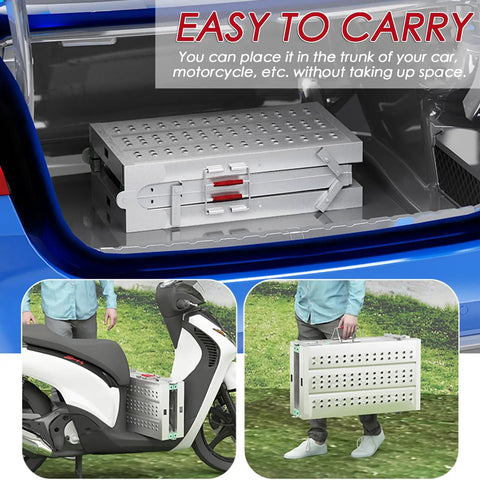 Slick Folding Scaffolding Deck With Quick Adjustable Height Settings For Drywall And RV Projects stored in car trunk, showcasing compact design.