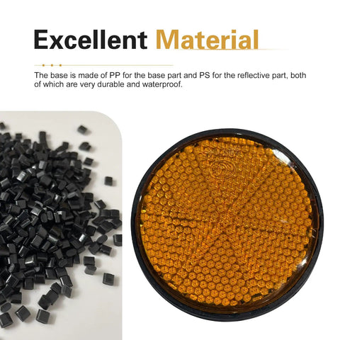 Close-up of Two Pack 2 Inch Round Motorcycle Reflectors With M6 Screw Mount All Weather Ride Ready Waterproof Plastic For Rear Safety Visibility Orange Universal Fit For Cars And Mailboxes, showing orange reflective surface and material details.