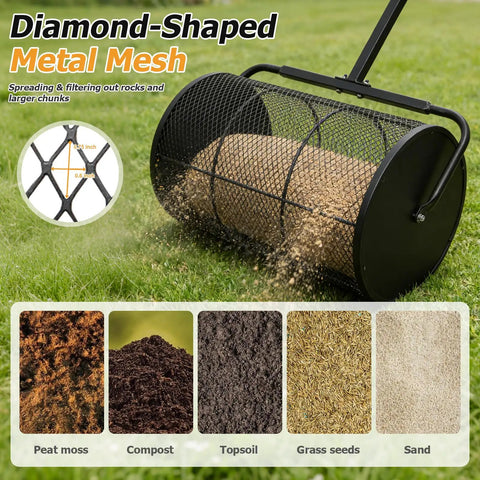 Compost Spreader 24 Inch Wide Peat Moss Spreader With U Shaped Handle Adjustable Height Powder Coated Metal Mesh Hand Fertilizer Spreader For Garden Yard Lawn Care Matte Black in use on grass displaying diamond-shaped metal mesh
