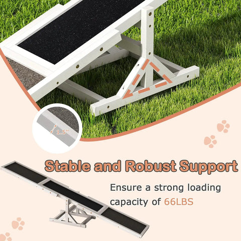 Wooden Dog Agility Seesaw for Backyard Play And Training, Weatherproof Outdoor Exercise Toy with Stable Triangular Base shown on grass