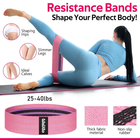 Woman using pink resistance band for leg exercises on yoga mat