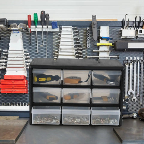 Top Shelf Nine Drawer Plastic Storage Cabinet With Easy Adjust Dividers for organizing tools and fasteners on workbench.