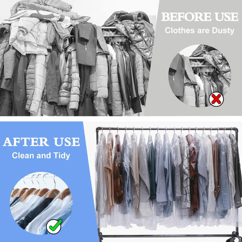 Before and after using 100 Pack Dry Cleaning Plastic Bags For Clothes Hassle Free Wardrobe Protection From Dust Moisture And Wrinkles