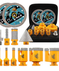 EXFEIN Diamond Tile Hole Saw Kit 12pc: 6–65mm core bits, 10mm milling bit, 2-inch chamfer bit, hex adapter, 4.5-inch diamond blades