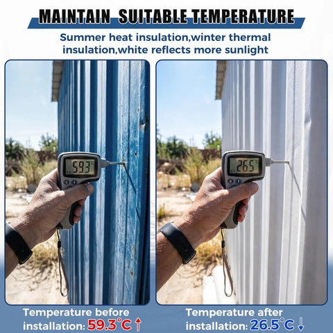 Self Adhesive Waterproof Roofing Roll, Hella Tough Self Stick Underlayment, showing temperature comparison at 59.3°C and 26.5°C
