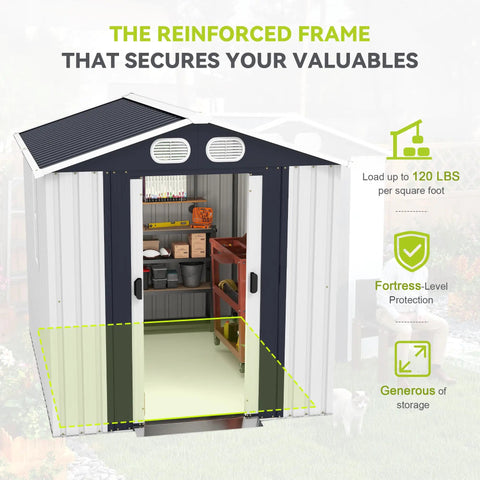 Heavy Duty 8x6 Ft Outdoor Metal Storage Shed With Reinforced Frame Lockable Doors Air Vents Weatherproof Built To Last Garden Tool Shed For Backyard White Rust Resistant Construction With Ventilated Design