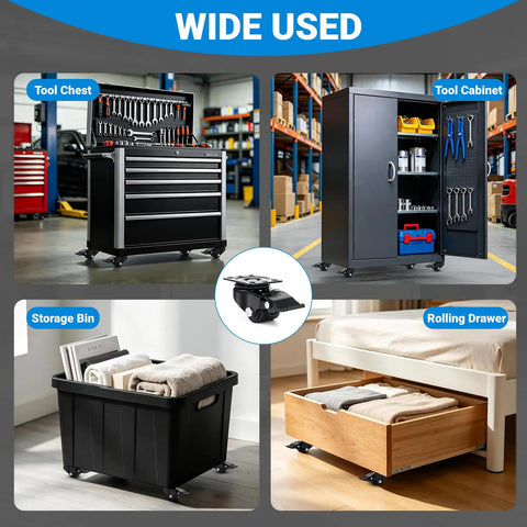 Heavy Duty Low Profile Caster Wheels Set Of Four With Brakes Creates A Badass Rolling Setup For Tool Chest, Tool Cabinet, Storage Bin.