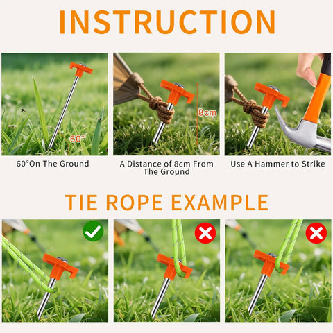 Instructions on using Eight Pack Tent Stakes, Heavy Duty Galvanized Rustproof Ground Anchors For Canopies, 7.1 Inch Durable Camping Pegs In Orange.