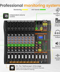 8 Channel USB Audio Mixer With 24 Bit DSP, Bluetooth 5.0 Studio Sound Card showing monitoring system features