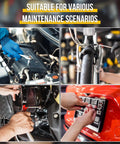 Various maintenance scenarios using tools on a vehicle engine, bicycle, and license plate installation.